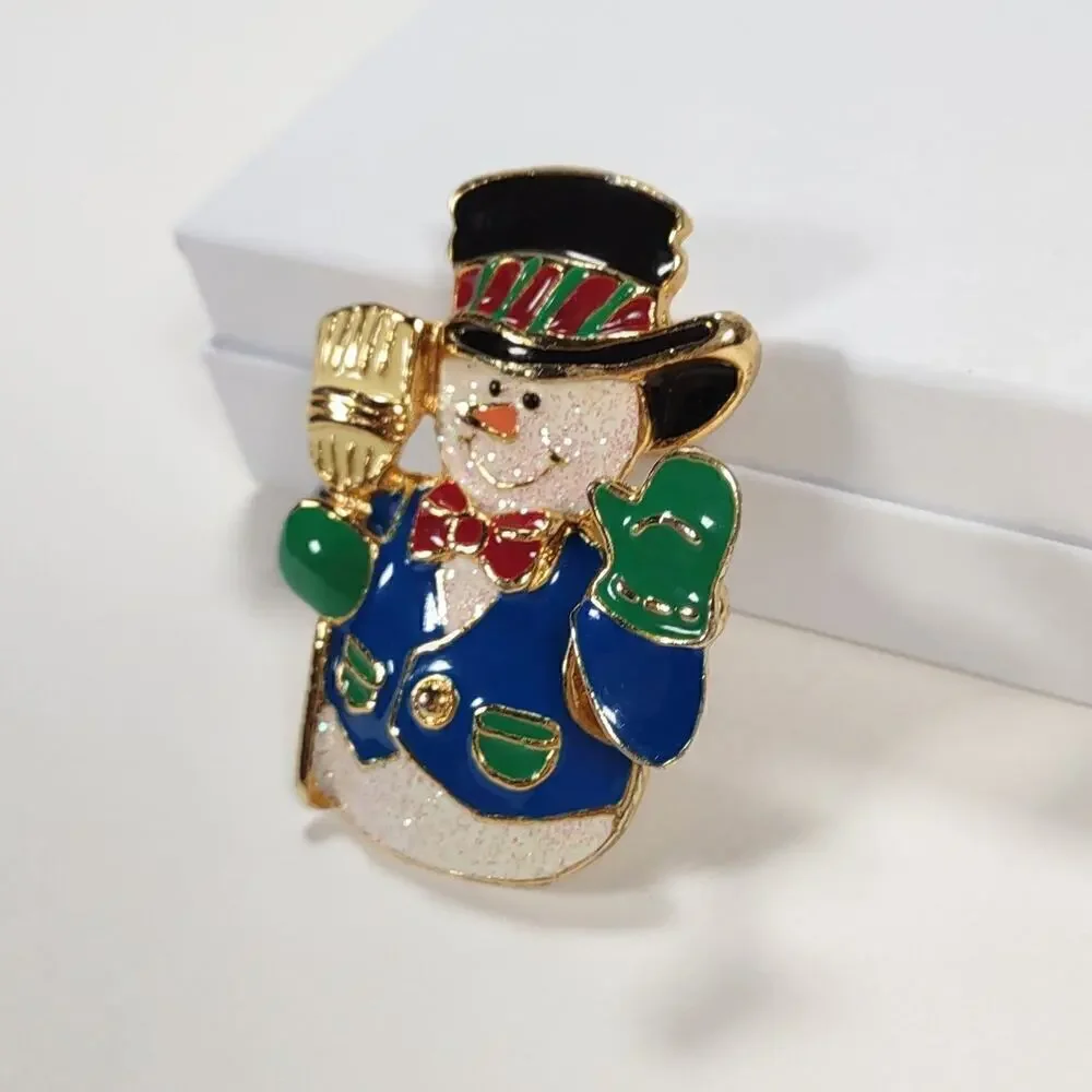 Vintage 90's Enamel SFJ Signed Waving Snowman Brooch